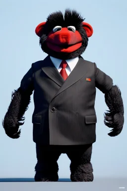 Waist up muppet Portrait, Kim Jong-un as muppet doll, black suit, photo studio, red background, unreal engine 5, concept art, art station, god lights, ray tracing, RTX, lumen lighting, ultra detail, volumetric lighting, 3d.