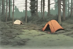 campsite, tents, overgrown, post-apocalyptic, comic book, forest