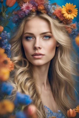 Double exposure of a very young blonde with long hair ,blue eyes , full lips and spring colorful flowers, colorfully ,intricate background , very detailed scene with intricate details ,ultra hd, realistic, natural colors, highly detailed, UHD ,perfect composition, beautiful detailed intricate image , insanely detailed 8k artistic photography, photorealistic concept art, soft natural volumetric cinematic perfect light,