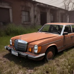 an abandoned 1990 Mercedes rust 2-door overgrown by with dust ,ultra realistic,concept, 4k ,on street,8k resolution, high-quality, fine-detail, parked in crowded city winter