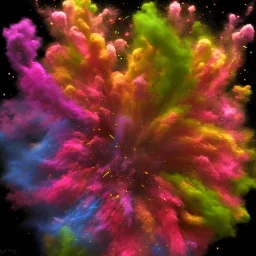 A centered explosion of colorful powder on a black background