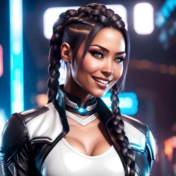 Attractive Navajo female cyberpunk assassin with braided hairstyle, Wearing A white Sports Bra, white Bodysuit, black leather jacket, Smiling Coyly, Intricate Eyeliner, dark eyeshadow, Anime Style, Retroanime, Video Game Character