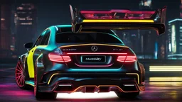 Mercedes E190 Evolution ultimate need for speed tuning Mansory Cyberpunk 2077 neon Style Rear View, Super Detailed, desktop wallpaper, 4K
