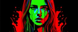 hot girl with blood in neon style red, blue and green colours without background