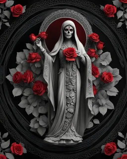 highest details, beautiful full posture of santa muerte, red roses, black background, mandala style, circle shaped, fashion, cinematic, 3d render