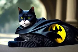 A cat is dressed like batman