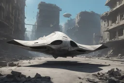 small, sleek, cargo spaceship, looking like a manta ray, landing on a destroyed alien street, blue sky, photorealistic, highly detailed