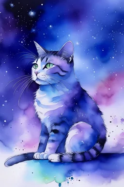 painting of a whole cat that is sitting, in the center of the picture with space around it, in watercolour, in the background a purple sky with stars and northern lights, splatter, art, aquarell, pastell, ink, soft, negative space