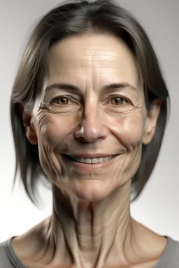 realistic, (49yr old female)without makeup, Caucasian beautiful face, 3/4 head position, dark hair, studio lighting, cinematic light, beautiful woman, milk beige middle hair, perfect anatomy, very cute smile, (head frame), on white background, 8k Resolution, human hands, curiously complete, elegant, close to perfection, dynamic, highly detailed, character sheet, concept art, smooth, non-symmetrical body a, detailed hairstyles and skin texture