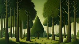 An olive green forest with axe shaped trees painted by Henri Rousseau