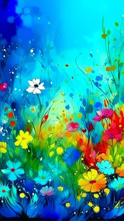 a smear . Field of wild a colorful flowers watercolor drawing on a blue splash colors background