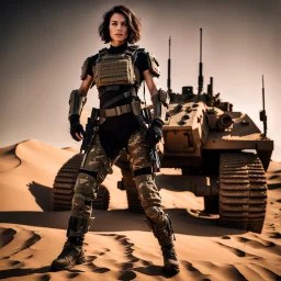 beautiful sexy caucasian female soldier, black metal body and limbs, visible cybernetic limbs, scratched sand camo, no armor, short brunette wavy bob haircut, dystopian, desert scene