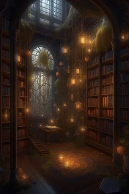 Forest library, autumn, many books,nature,natural lines, lamp garlands, twilight,dark,botanical maximalism boho style, hyperrealism, hyperdetalization, high quality, 32k, dark botanical, bionics, bionic elements,grunge, magic, fantasy, many complex details, filigree, clarity, sharpness, 8d painting, concept art, 35 mm, contrast