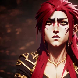 Barbarian anime character, animal hide armor, physically fit, tribal tattoos, scars, washboard abs, red facepaint, red hair, dark eyeshadow, intricate eyeliner, soft round eyes, beads in hair, 8k resolution, cinematic smooth, intricate details, vibrant colors, realistic details, masterpiece, oil on canvas, smokey background