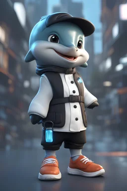 cartoon cute dolphin with white and sneakers, Cyberpunk realism style, front view, wearing a chef costume, zbrush, Arys Chien and light black, lit children, 32k uhd, street fashion, round,8k,HD