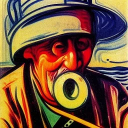 Portrait of OLd Fishermen wearing bucket hat and smoking wooden pipe by edvard munch 8k