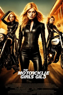 Poster for an action film called "The Motorbike Girls" starring Katherine McNamara, Margot Robbie and Georgia Henshaw wearing tight leather catsuits.