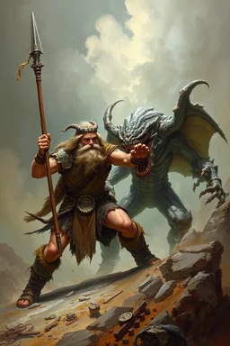 A worrier holding a spear fighting with a creature from another world, Busch painting style
