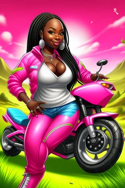 Create a digital airbrush cartoon of a curvy African American female wearing tight white jeans and a off the shoulder hot pink blouse. She is also wearing timberland boots. Prominent make up with hazel eyes. Highly detailed very long extremely braids of black hair. Her skin is smooth and silky. Background of a track of ATV riders.