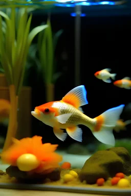 a goldfish is eating a cake in the fish tank