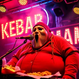a very fat swedish man, with a mask with only a hole for the mouth, he is called "KEBAB MAN" performing at rock club, his name is "KEBAB MAN" kebab rolls On stage, kebab Neon lights and smog, and "KEBAB MAN" big sign on the wall, he singing with mic, text in swedish! no translate mr. stable ai, text in swedish! no translate mr. stable ai, text in swedish! no translate mr. stable ai