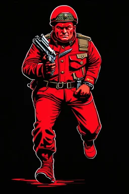 russian soldier(uniform and face based on racist steriotypes) running towards viewer, a knife i one hand, and a gun(barrel pointing at viewer) in the other. blocky retro 1960's jack kirby style poster in monochrome with white background