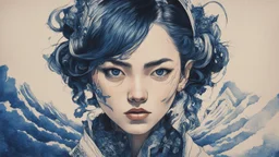 A beautiful portrait painting of a Singer Danish MØ face by Katsushika Hokusai, beautiful cyberpunk huge girl, symmetry, hyperdetailed, illustration darkblue tones,