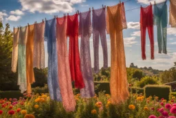 Beautiful lace pants of different colours drying on a clothesline in a flower garden, centre, bold colours elegant fantasy 8k beautiful dynamic lighting award winning imperial colors hyperrealistic ultra detailed 4K 3D high definition crisp quality colourful hdr, backlit, in sunshine