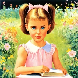 Actress Angelina jolie as a little girl, pony tail, big blue eyes, big lips, with a book,in the garden , 1960s,illustrated by Marcel Marlier, dress, soft pastel colors, , vintage