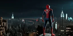 Spiderman's deep colors in a dark setting background NewYork city, post-apocalyptic, great pose, magnificent, majestic, highly intricate, Realistic photography, incredibly detailed, ultra-high resolution, 8k, complex 3d render, cinema 4d.