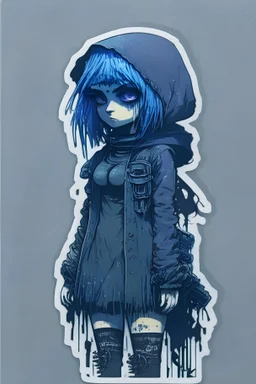 Sticker Goth Creepy cyberpunk huge girl, illustration by John Kenn Mortensen, darkblue tones,high detailed, 4k resolution, digital paiting, cute, art, no background,