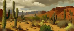A brown desert with cacti painted by Claude Monet