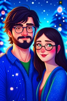 Christmas scene, dark haired couple, man with short black beard and glasses, woman with long hair, blue eyes, young couple, graphic