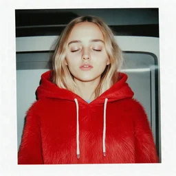 Lily rosedepp,avec un long pull a capuche en angora rouge jusquaux, polaroid, elle a les yeux fermés et les joues bleues