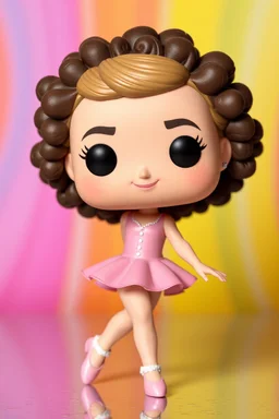 Funko Pop, very young female, medium soft curly dark blond hair, pink ballerina dress, dance pose, smiling, very happy, colorful background, allowing visibility of the figure, typography, 3D render.