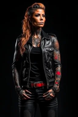 full body portrait of a fit woman with chest tattooed extremely muscular body in expensive designer leather jacket