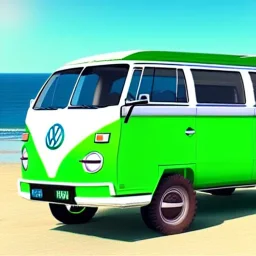 old Volkswagen partyvan, green color van, funny colored, partyvan on the beach, sunny beach, sunny weather, beach party, party people, party, realistic, ultra high quality, unreal engine, cinematic,