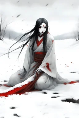 yuki onna, man-eater, snow field, corpse, blood