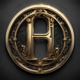 create me an ornate letter H, encased in a thin round, ornate golden ring. mechanical cyberpunk style. background should be #000000 full black.