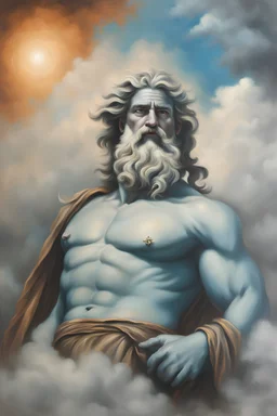 Epic heritage framed oil painting of zeus doing graffiti of clouds on grunge wall authentic colour pastel