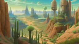 desert city with treehouses in giant cactus overlooking the grand canyon with larged ringed plant rising in sky detailed magical realism sci fi painting