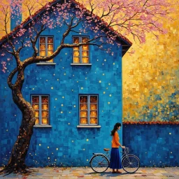 🔥 PROMPT: A pointillist painting in Klimt’s style depicting a dreamy street scene. A textured blue house with three windows stands as the focal point, its facade shimmering with intricate dots. A tree with twisting branches and pink blossoms extends overhead, blending with golden-hued foliage. A woman in an orange top and deep blue skirt walks beside her bicycle, lost in thought. Klimt-inspired patterns, stippled details, and a harmonious palette of blues, golds, and pinks create a luminous, no
