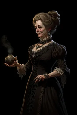 Step back in time to the Victorian era and meet the most formidable aunt you'll ever encounter. Her stern demeanor is softened by her warm heart, and her posh British accent adds an air of refinement to her already high born mage features. This D&D character is brought to life in stunning detail with full body visible against a solid black background, making for a truly captivating image.