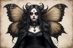 Jean-Baptiste Monge style 19th century hand drawn full body portrait dark gothic fantasy illustration of a walking hybrid Polyphemus moth goth girl, with highly detailed facial features with large sad eyes, drawings, 8k, vibrant natural colors, otherworldly and fantastic