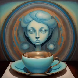 3D Shading psychedelic fluid by artist "Margaret Keane", glowing 3d symmetrical face in glass cup, larimar nacre bismuth, by artist "Shaun Tan"