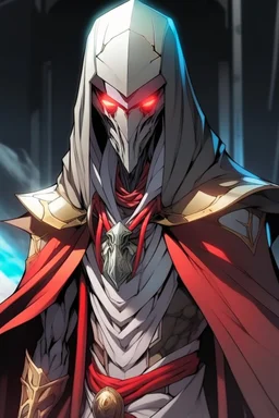Anime alien villain character with rouge skin, huge , antagonist smart,too much modern armour and wearing a robe cover his head , aged thousand years and can He achieves anything he imagines