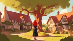 A red-haired, witchy woman standing in the centre of a village green, surrounded by thatched cottages, standing under a large tree. Bright, sunny day.