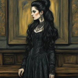 create a 3/4 profile, full body oil pastel of a dark haired, savage, ornately dressed, gothpunk vampire girl with highly detailed , sharply defined hair and facial features , in a smokey 19th century drawing room in the Pre-Raphaelite style of JOHN WILLIAM WATERHOUSE