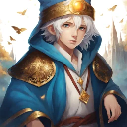 Fantasy World, A boy only wearing a closed wizards robe, and wearing a wizards hat. White Hair. Golden Eyes