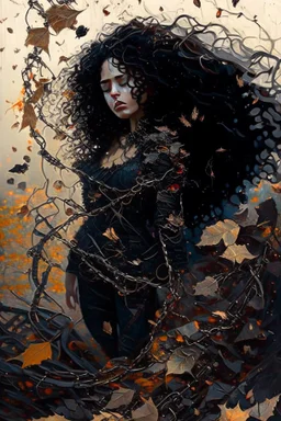 abstract creation of a beautiful girl with black curly hair, surrounded by black roses, thick metal chain broken, glass petals on the ground, autumn colours,dried out thorn bush, chaos,